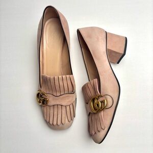 Gucci Marmont Fringe Suede Loafers Heels Pink EU 39 Low Block Heel